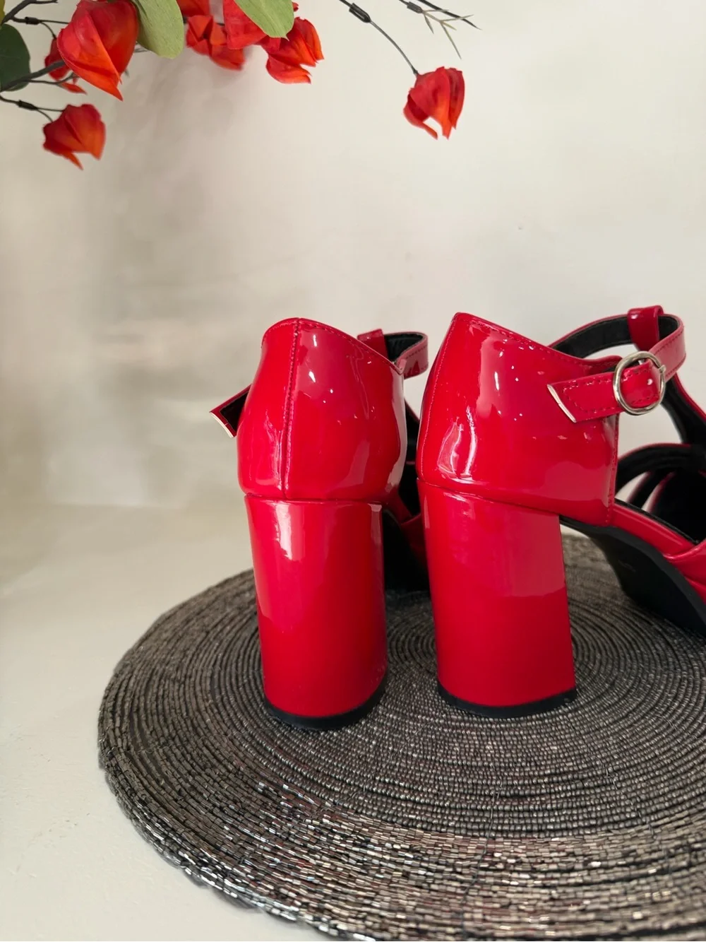 Patent Red T-Strap Platform Heels with Ankle Buckle